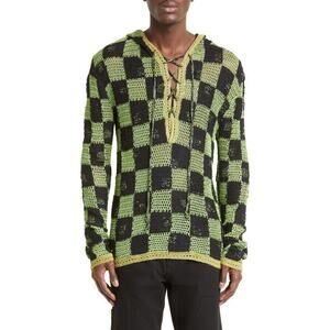 Judy Turner NWOT Green Atlas Checkerboard Silk Blend Crochet Sweatshirt Hoodie M